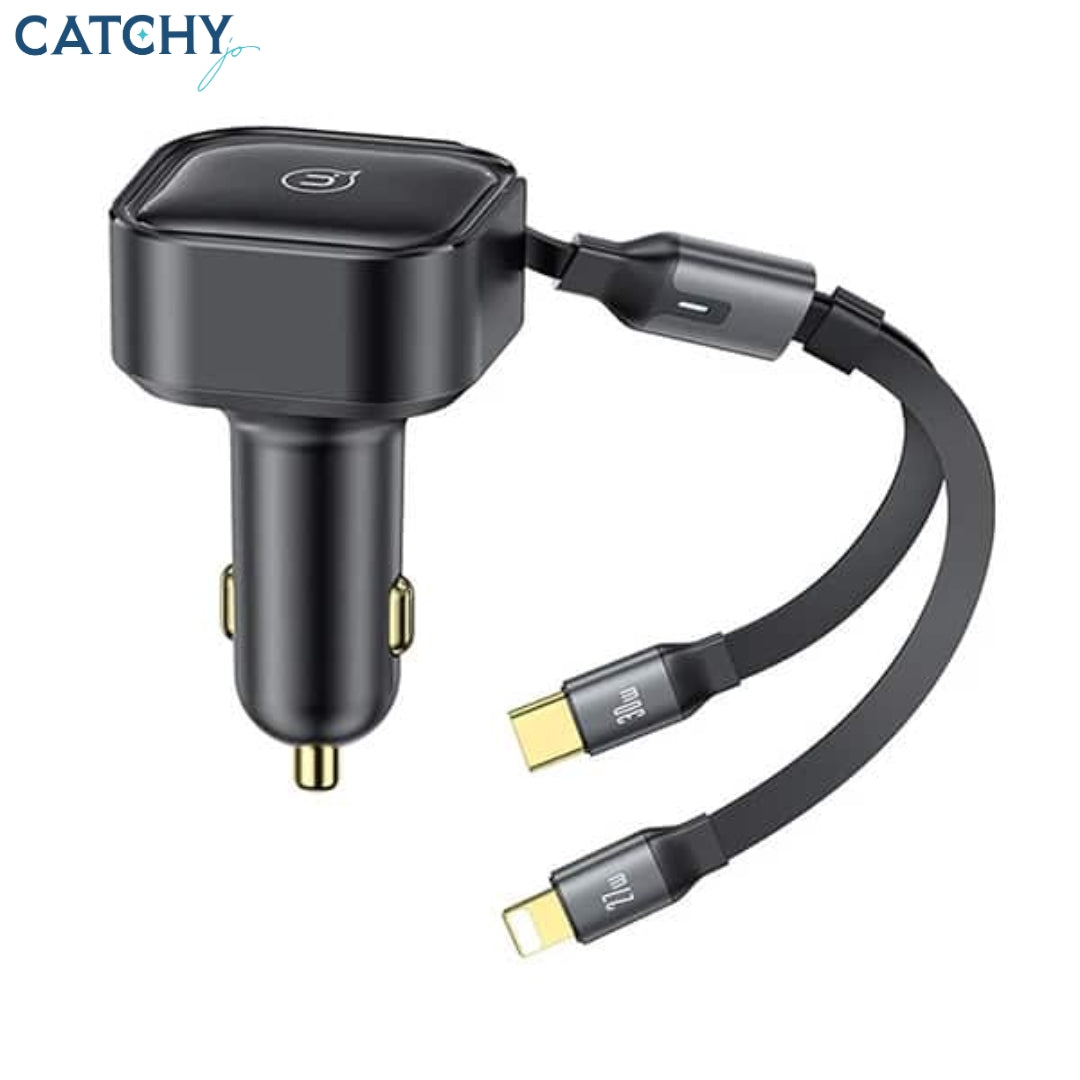 USAMS US-CC219 Car Charger With 2IN1 Retractable Cable Type-C+Lightning (30W)