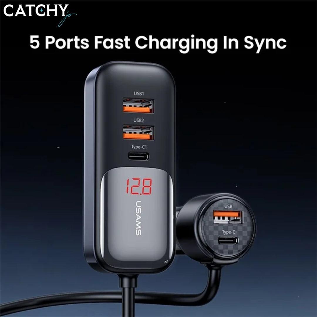 USAMS US-CC213 5 Ports Digital Display Fast Car Charger With Data Cable (165W)