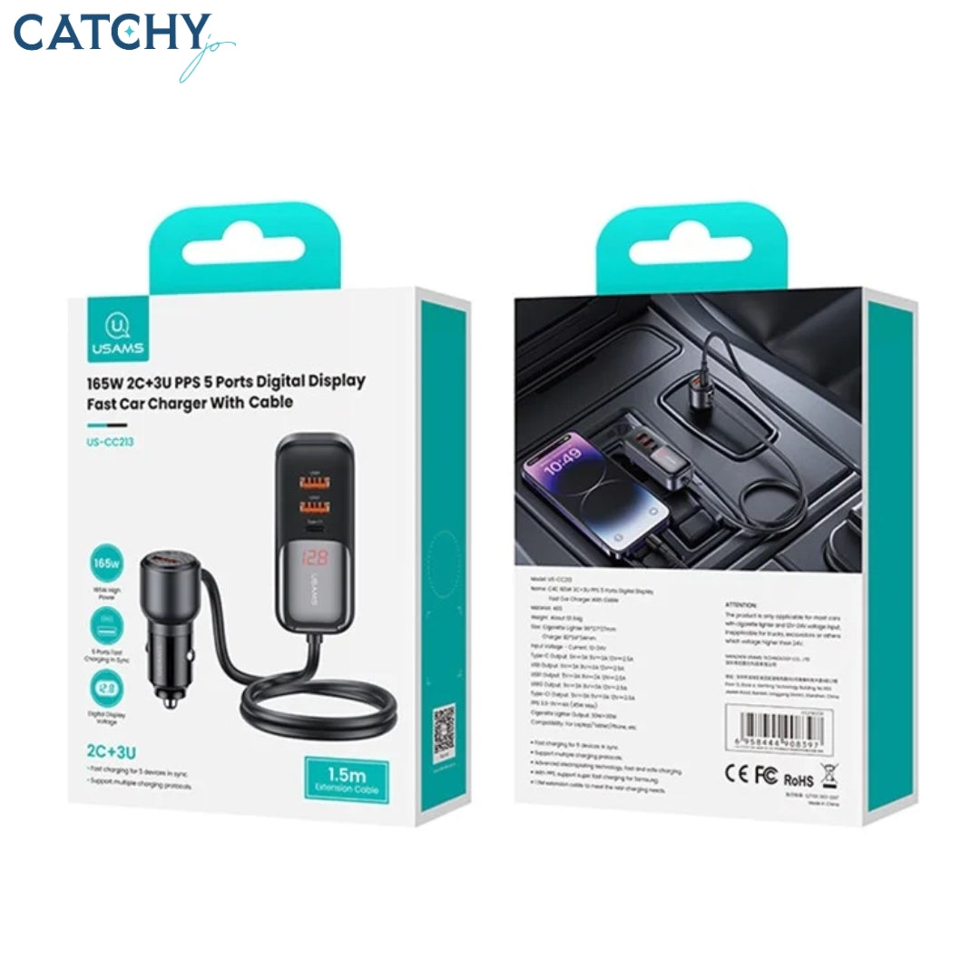 USAMS US-CC213 5 Ports Digital Display Fast Car Charger With Data Cable (165W)